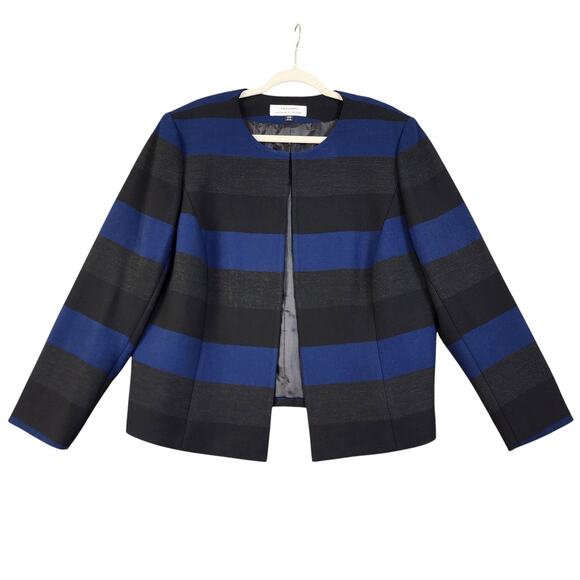 Tahari ASL Womens Blazer Jacket Plus Size 14W Blue Gray Black Stripe Collarless - Picture 1 of 10